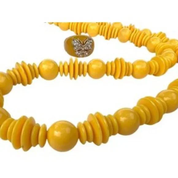 Yellow Plastic Beads Matinee Necklace Vintage Costume Jewelry - Picture 2 of 4
